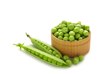 Fresh green peas in bowl isolated on white background
