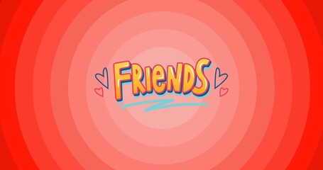 Composition of friends text with hearts on red background