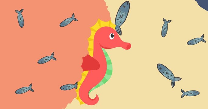 Composition of seahorse with fish on orange background