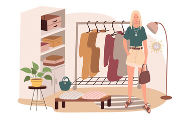 Modern comfortable interior of wardrobe room web concept. Woman stands in room with storage clothes, dresses on hangers, plant. People scenes template. Vector illustration of characters in flat design
