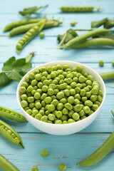 Green peas in bowl on blue wooden background. Vertical photo