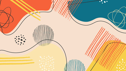Abstract colourful trendy universal boho Scandinavian artistic background templates with brush blob and dot. Good for cover, invitation, banner, placard, brochure, poster, card, flyer and other.