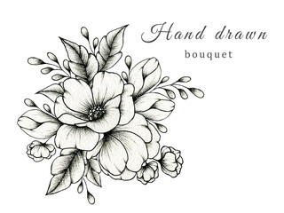 Vintage wedding bouquet isolated on white, springtime blossom composition, hand drawn beautiful botanic illustration and black ink floral sketch for cards, greetings, prints, weddings or invites