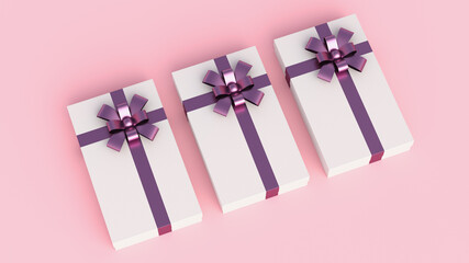 Small luxury white gift boxes with purple ribbon, on pink background. Concept for women and holidays. 3D Rendering
