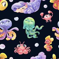 Seamless watercolor pattern with cute multiracial girls mermaids, sea elements, sea stars, fishes, flowers etc Girls Mermаids Pattern 