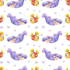 Obraz premium Seamless watercolor pattern with cute multiracial girls mermaids, sea elements, sea stars, fishes, flowers etc Girls Mermаids Pattern 