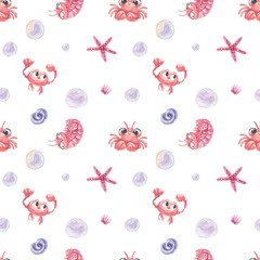 Watercolor seamless pattern with crab, starfish on white background. Hand painting on paper