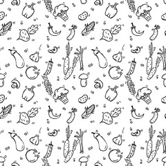 Seamless vegetables pattern.Doodle vector with vegetables food icons on white background.Vintage vegetarian food icons,sweet elements background for menu, cafe shop. 