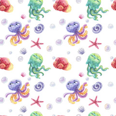 Fototapeta premium Seamless watercolor pattern with cute multiracial girls mermaids, sea elements, sea stars, fishes, flowers etc Girls Mermаids Pattern 
