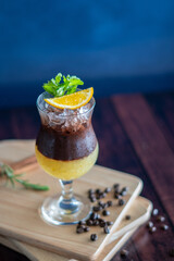 Iced coffee. on wood board
