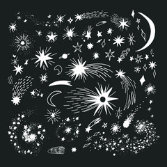 Hand drawn doodle stars constellations, star dust, meteorites, and comets vector collection