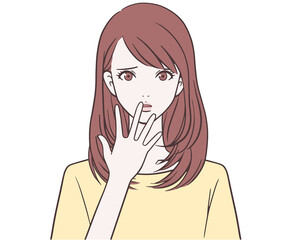 手を口にあてて困る女性