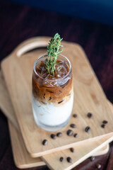 Iced coffee. on wood board