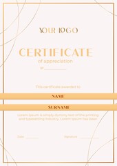 Vector template of vertical elegant certificate of appreciation with golden frame.