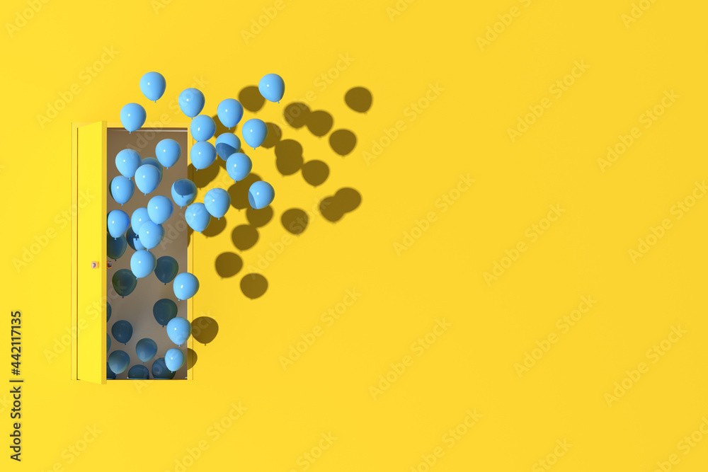 Poster minimal scene of blue door and floating balloons on yellow wall background. 3d rendering.