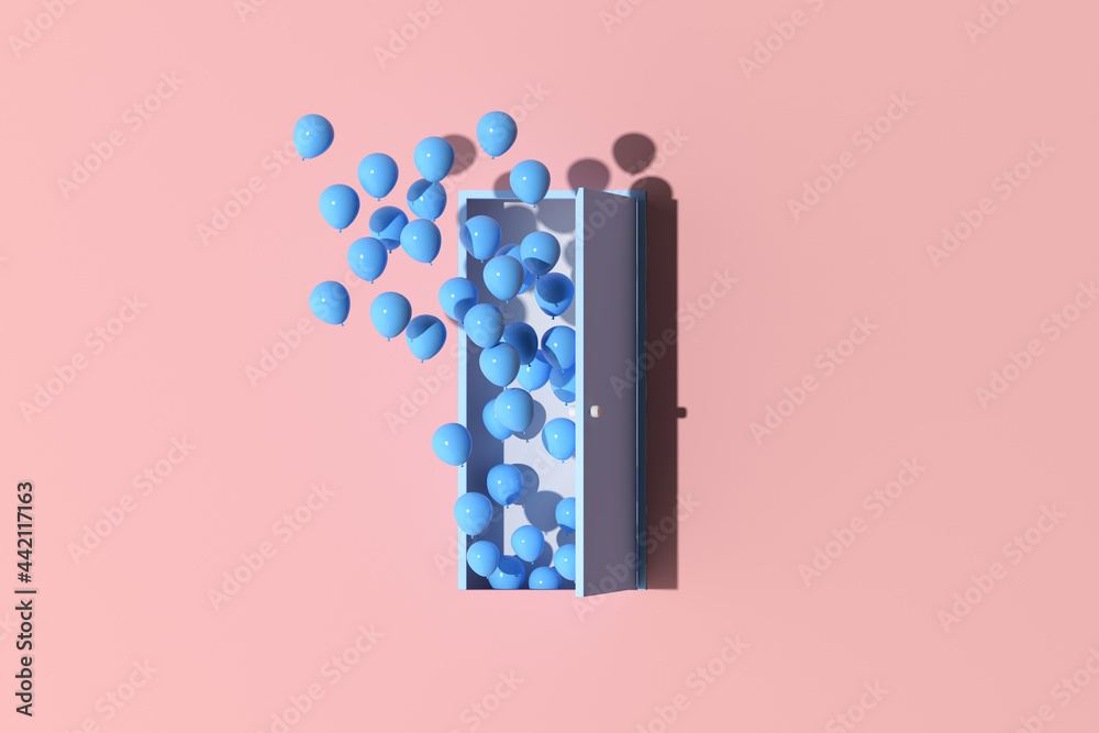 Poster minimal scene of blue door and floating balloons on pink wall background. 3d rendering.
