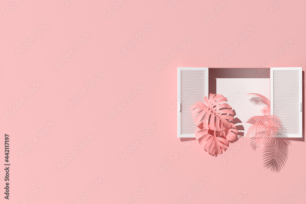 Poster minimal scene of white window and plants on pink wall background. 3d rendering.