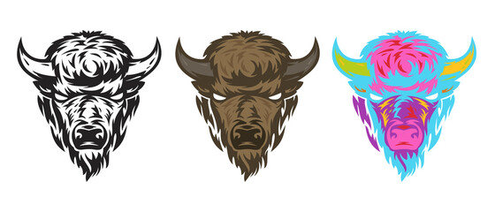 Collection buffalo head in hand drawn sketch style isolated on white background. Modern graphic design element for label or poster. Vector art illustration.