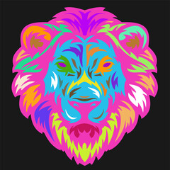 Lion head in hand drawn sketch color style isolated on black background. Modern pop art graphic design element for label or poster. Vector illustration.