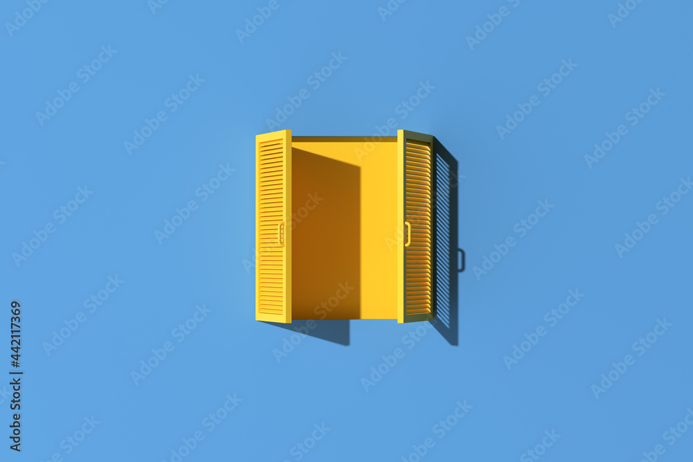 Poster minimal scene of yellow window on blue wall background. 3d rendering.
