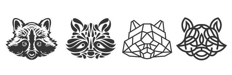Collection silhouettes of raccoon head in monochrome different styles isolated on white background. Modern graphic design element for label, print or poster. Vector art illustration.