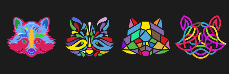 Collection silhouettes of raccoon head in color different styles isolated on black background. Modern graphic design element for label, print or poster. Vector pop art illustration. © cgterminal