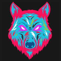 Wolf head in hand drawn sketch color style isolated on black background. Modern pop art graphic design element for label or poster. Vector illustration.
