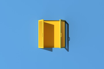 Minimal scene of yellow window on blue wall background. 3d rendering.
