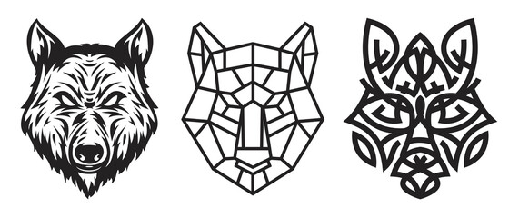 Collection silhouettes of wolf head in monochrome different styles isolated on white background. Modern graphic design element for label, print or poster. Vector art illustration. - obrazy, fototapety, plakaty