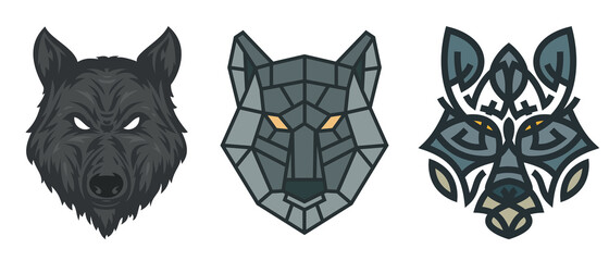 Collection silhouettes of wolf head in color different styles isolated on white background. Modern graphic design element for label, print or poster. Vector art illustration.