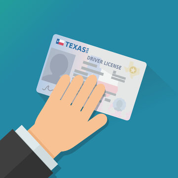 A hand presents a Texas driver's license on a blue background (flat design)