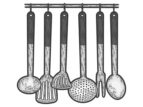 Set of metal kitchen utensils hanging on wall. Sketch scratch board imitation color.