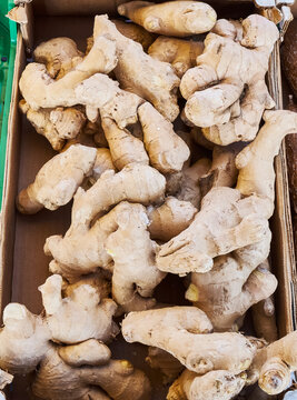 A box of ginger or kion in a street market