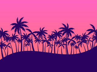Fototapeta na wymiar Evening landscape with palm trees. Silhouettes of palm trees at sunset. Tropical summer landscape. Design for advertising brochures, banners, posters, travel agencies. Vector illustration