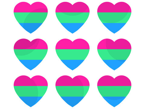 Hearts with polysexual flag, icon set. Polysexual pride day. LGBT sexual minorities. Collection of icons of hearts isolated on white background for banner and  poster. Vector illustration