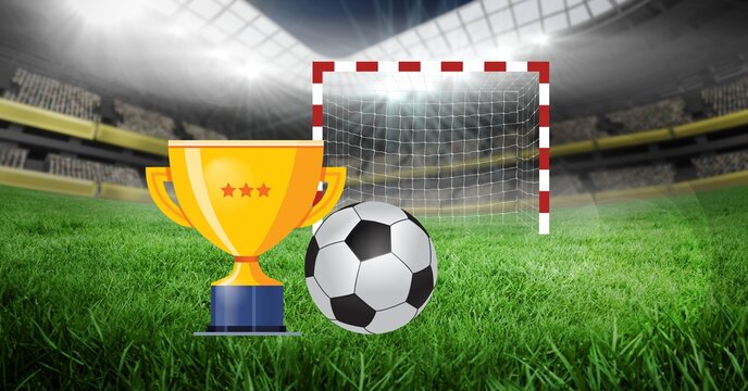 Composition of digital goal, football and trophy icons at football stadium