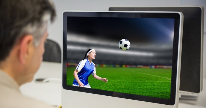 Composition of female football player with ball at stadium on tablet