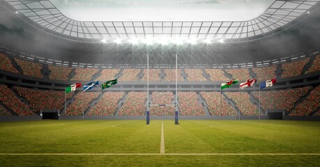Fototapeta na wymiar Composition of empty rugby stadium with national flags and clouds