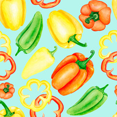 Sweet pepper whole and pepper rings watercolor seamless pattern. Bell pepper background