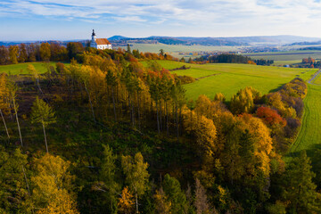 Obraz premium Autumn views of the Czech Republic. Aerial view of church Panny Marie.