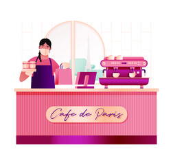 Coffee Shop Interior. Barista. Modern Flat Concept. Young Female Wearing Apron, Mask and Gloves Holding Hot Drink To Go Cups in Carton Box and Paper package. Window with Beautiful View. Coffee Maker.