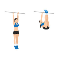 Woman doing Hanging leg raises to bar exercise. Flat vector illustration isolated on white background - obrazy, fototapety, plakaty