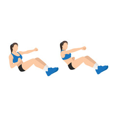 Fototapeta premium Woman doing Seated punches exercise. Flat vector illustration isolated on white background