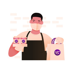 Barista. Modern Flat Take Away Concept. Young Man in Mask and Gloves Wearing Apron Holding Hot Beverage To Go Cups in Carton Box and Paper package with sticker. Brick wall background. Pastel colors.