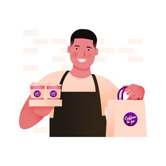 Barista. Modern Flat Take Away Concept. Young Smiling Man Wearing Apron Holding Hot Beverage To Go Cups in Carton Box and Paper package with sticker. Brick wall background. Pastel colors.
