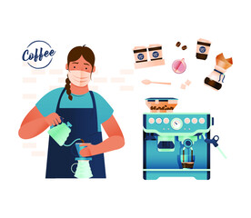 Coffee Shop. Barista. Modern Flat Concept. Young Female in Mask Wearing Apron Making Pour Over Coffee, Coffee Maker, Elements.