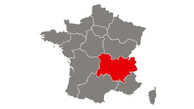 Auvergne - Rhone - Alpes region blinking red highlighted in map of France