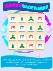 Sudoku BACKWARDS for kids with colorful holiday symbols