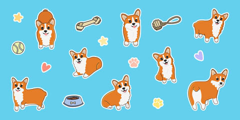 Big funny corgi stickers set. Great for greeting cards, design and more.