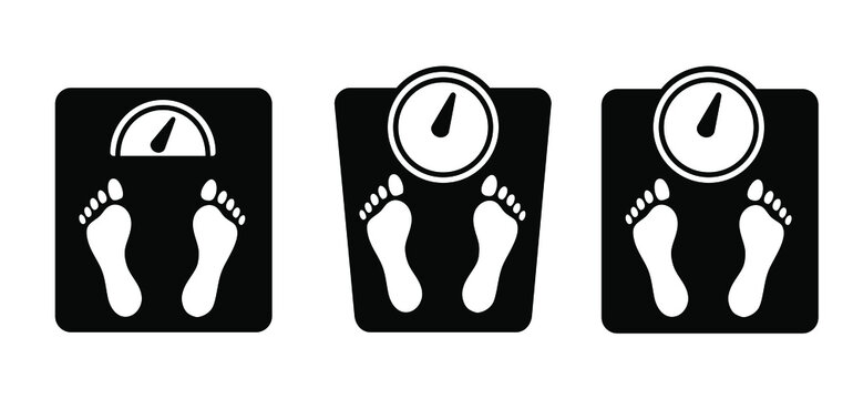 Diet scale or weighing scale. Balance concept. Vector fitness sport pictogram. Bathroom weight scale icon. World diabetes day. People on unhealthy with overweight, obesity problem. Fat, calories.